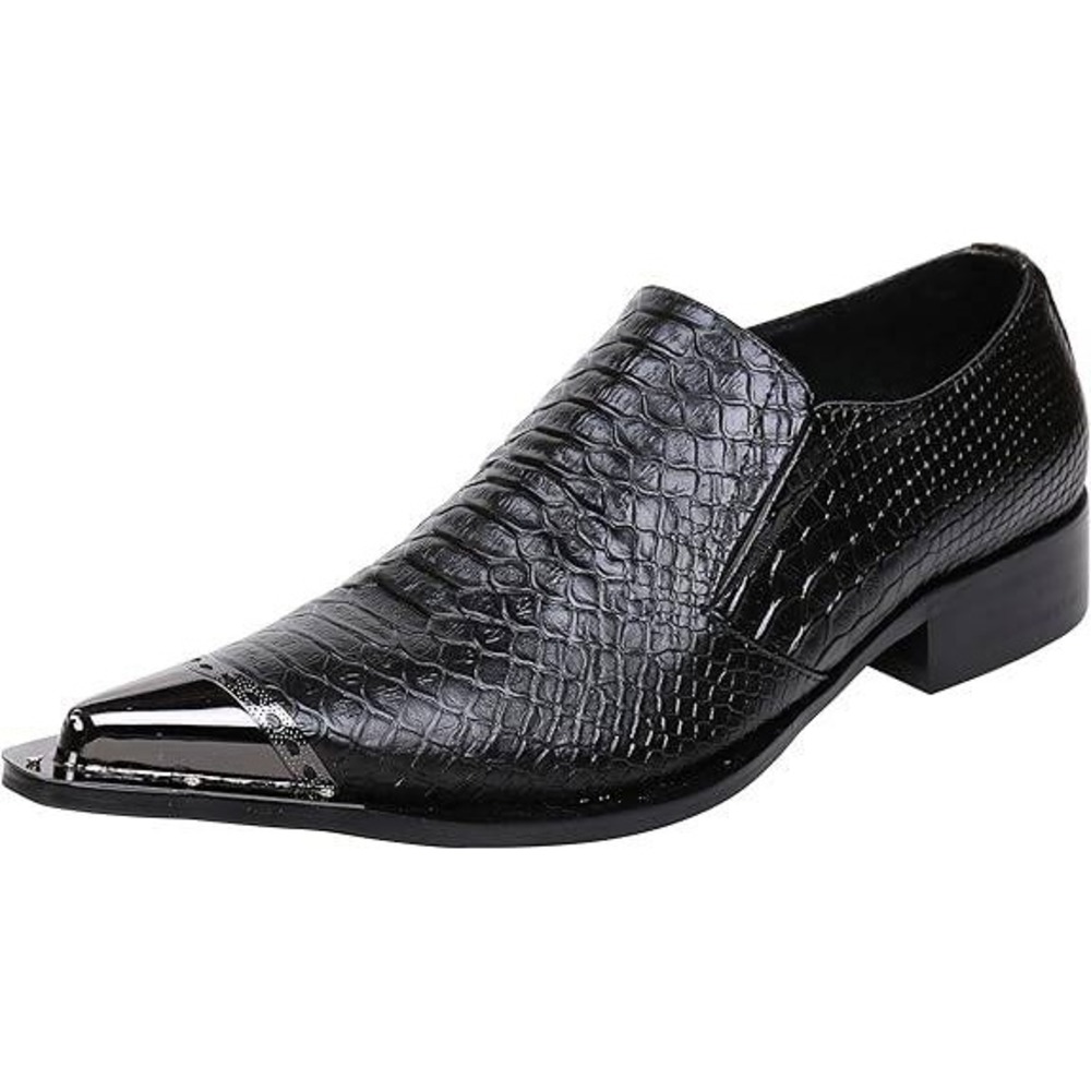 Santimon Men's US 12.5 Black Leather Metal Tip Pointed Toe Slip On Loafers Shoes